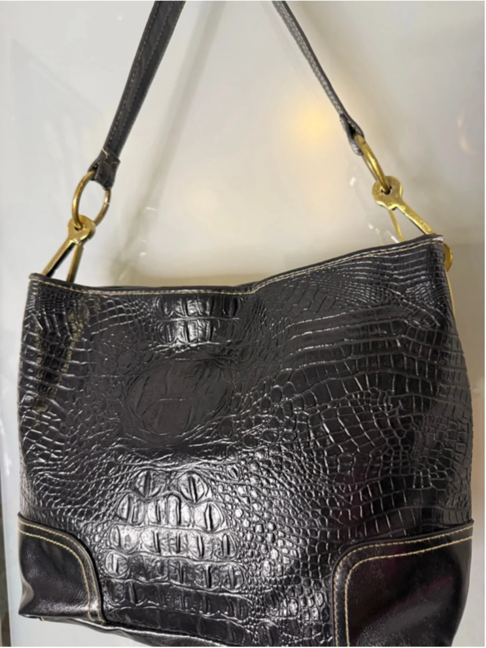 Bueno Black Croc Embossed Shoulder Bag with Gold Toned Hardware